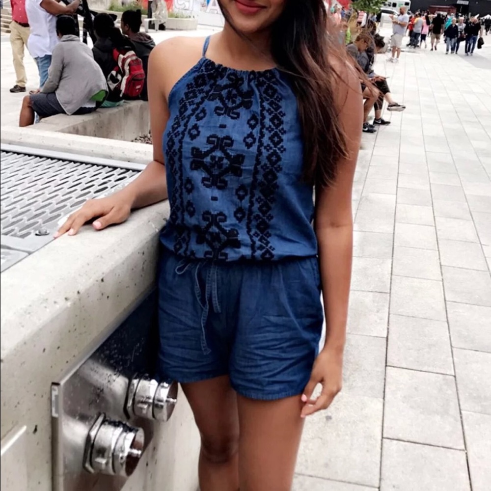 Chambray embroidered romper